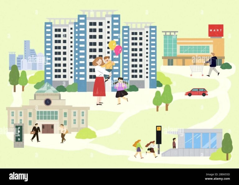 illustrazione di un condominio con persone