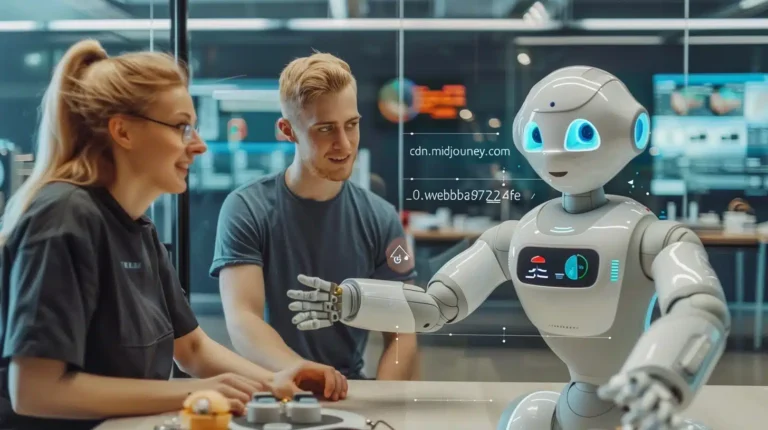 Come può l'intelligenza artificiale migliorare le performance nelle aziende 20 robot che collabora con dipendenti in ufficio