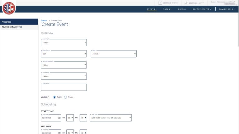 screenshot di una pagina di creazione evento
