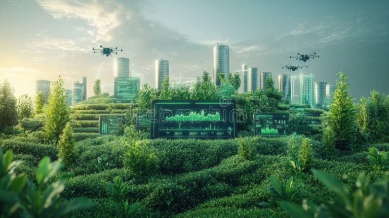 un paesaggio verde con tecnologia futuristica