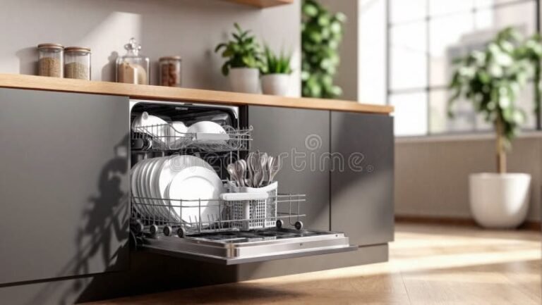 una cucina moderna con lavastoviglie accesa