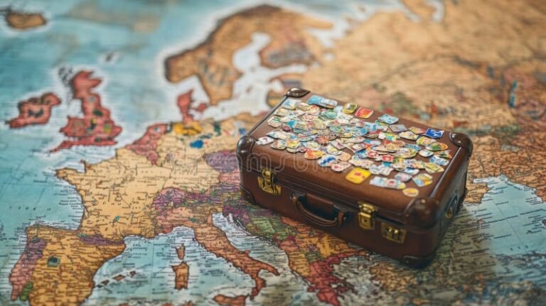 una mappa del mondo con valigie