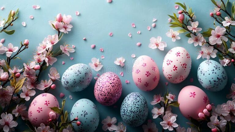 uova di pasqua decorate su sfondo primaverile